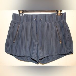 Athleta Blue Stripe Sway Drawstring Shorts Zipper Pockets Running Small